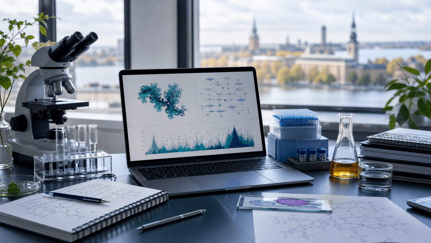 Scientific workspace with laptop charts, molecular notes, microscope slide, and academic materials.
