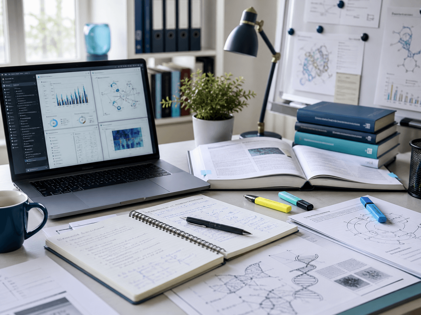 A research desk with literature notes, a laptop chart, and scientific writing materials.